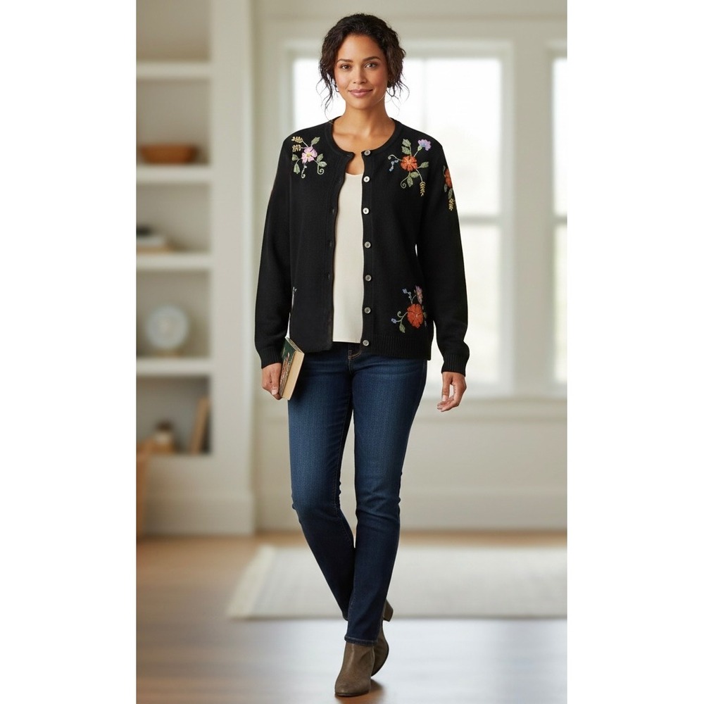 Classic Elements Womens Black‎ Floral Embroidered Cardigan Sweater Size 14/16